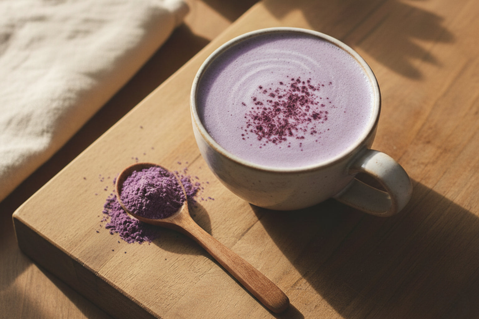 tasse ube latte chaud et poudre